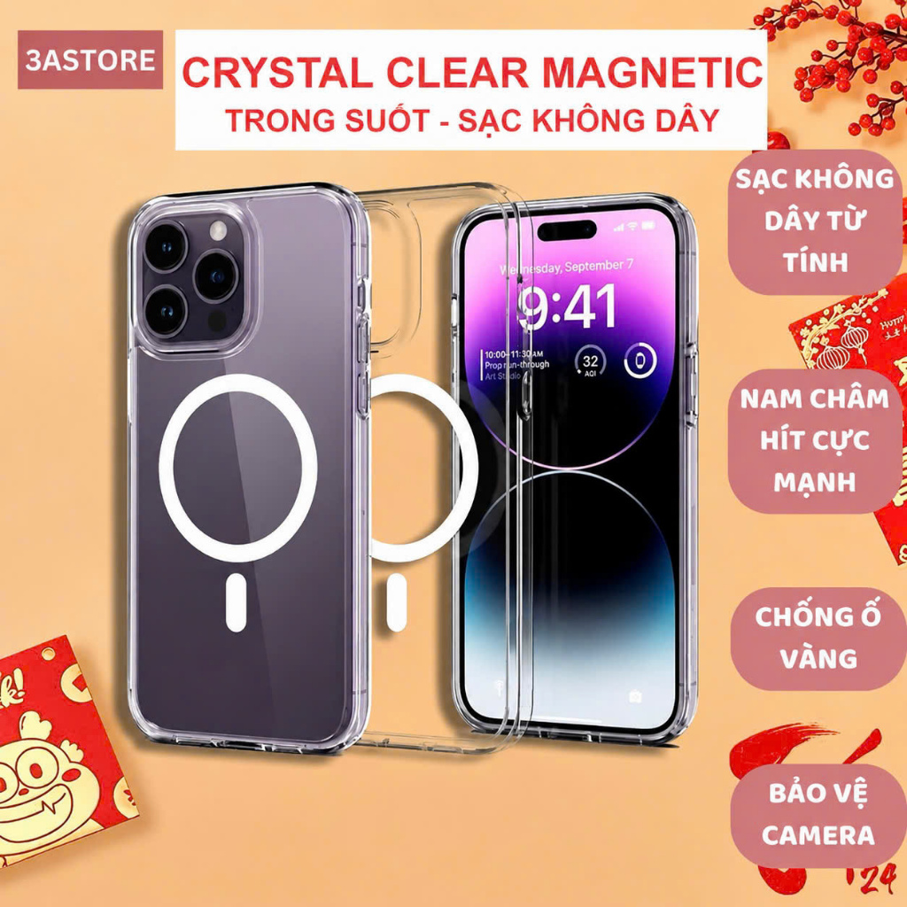 Ốp lưng iphone sạc không dây CRYSTAL MAGNETIC Clear trong suốt chống sốc chống ố vàng iphone 14 15 16 17 pro max 3astore