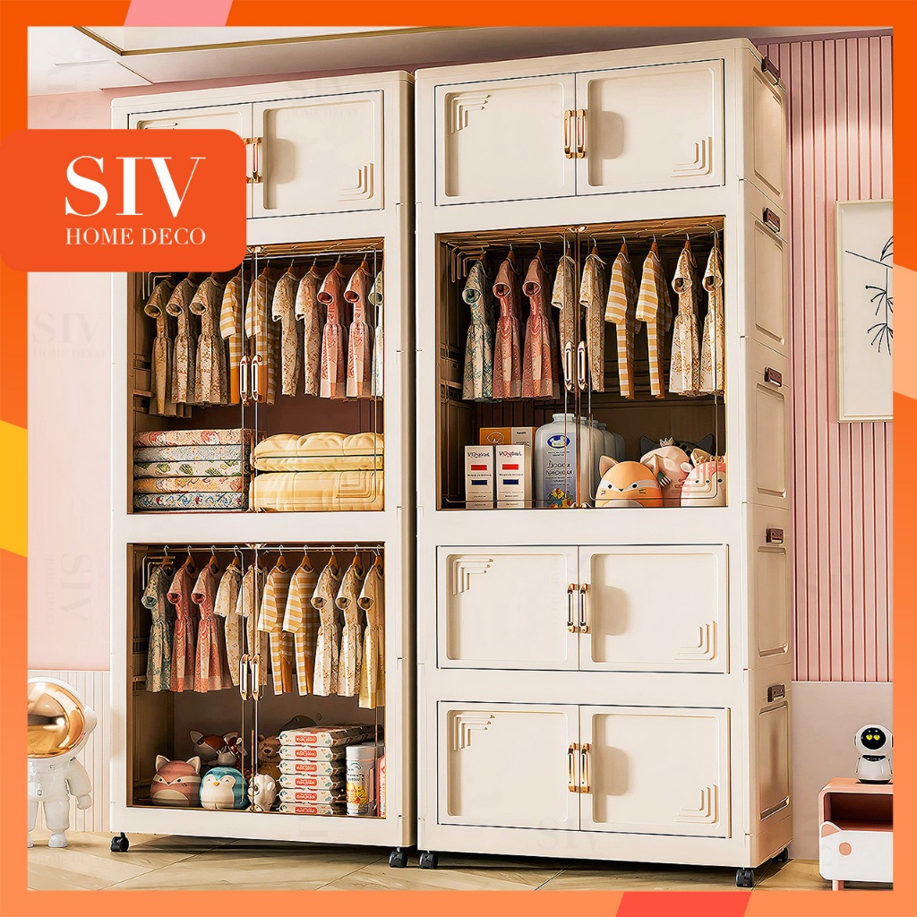 【Rộng 80cm】 SIV Tủ Quần Áo Gấp Gọn Có Ngăn Treo Trẻ Em, Đựng Đồ Đa Năng Thông Minh, Tháo Lắp Dễ Dàng, Nhựa PP