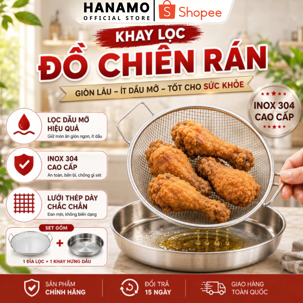 Combo 2 đĩa inox 304 kèm vỉ lưới lọc dầu size 20cm, 22cm tiện dụng cho nhà bếp_Hanamo