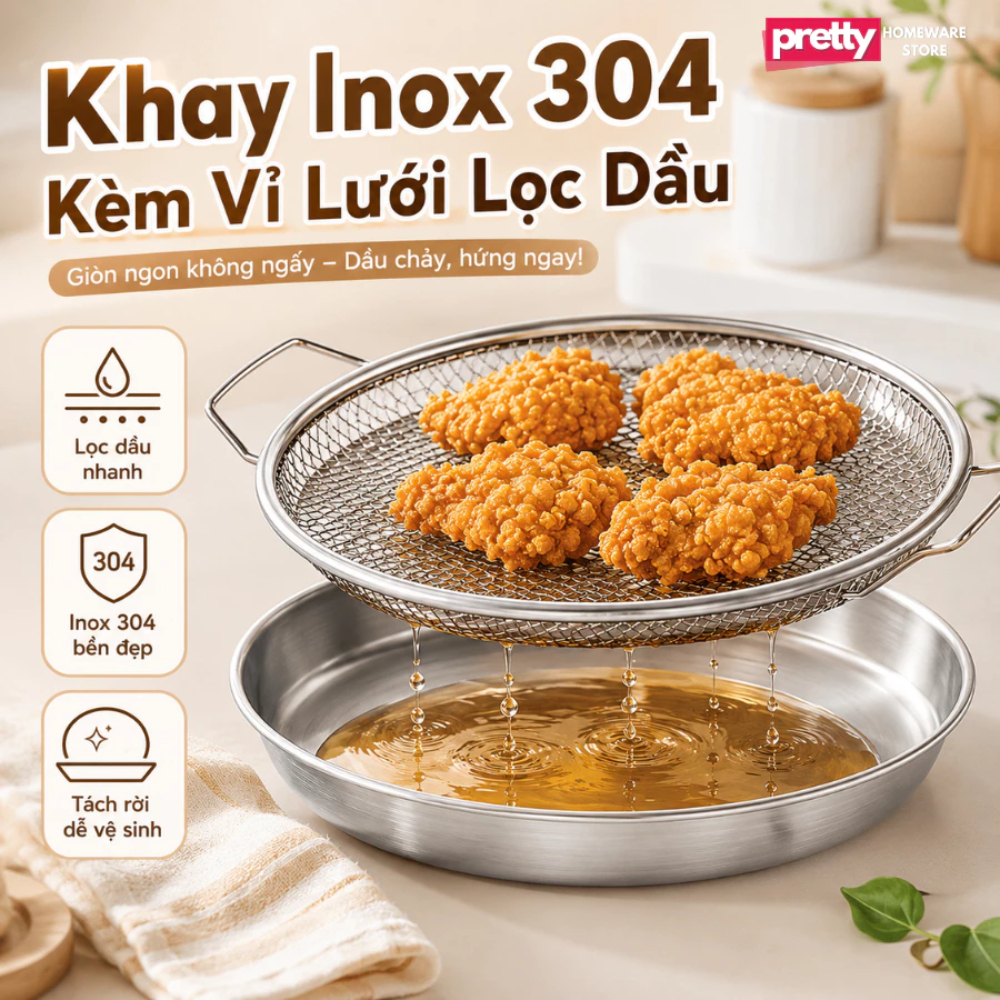 Set Khay Kèm Đĩa, Vỉ Lưới Lọc Dầu Chất Liệu INOX 304 Cao Cấp, Đựng Ráo Dầu Thức Ăn