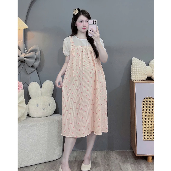 (Váy bigsize 100kg)Váy bầu,đầm bầu bigsize giả yếm cực đẹp cho mom bầu