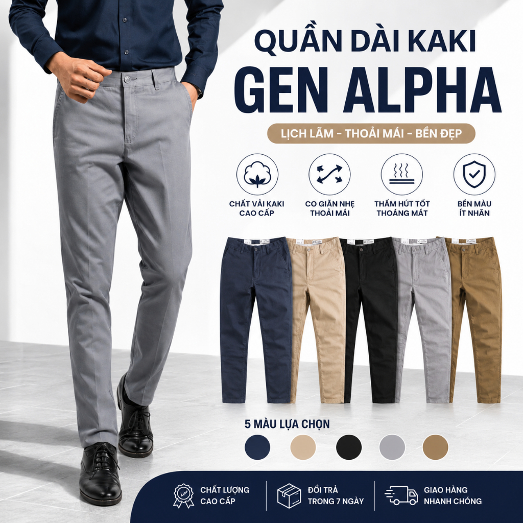 Quần Dài Kaki Nam GEN ALPHA Cao Cấp Dáng Suông Co Giãn Chất Dày Dặn Đứng Form Chuẩn Tem Mạc – GEN911