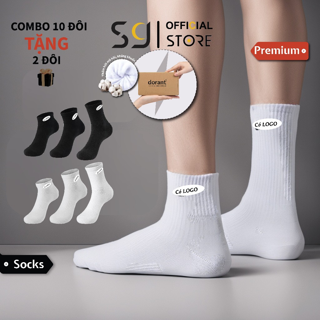 Combo 5,10 đôi tất LOGO đen trắng cotton, vớ thể thao cao cấp thoáng mát thấm hút mồ hôi S9 studio