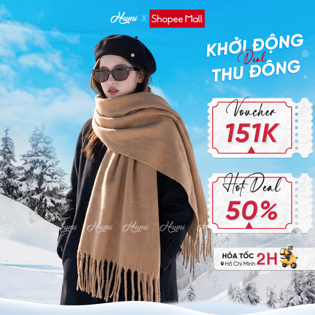 Khăn quàng cổ HUMI choàng cổ len nữ lông cừu Cash giữ ấm mùa đông bảng to dày đa dạng màu sắc
