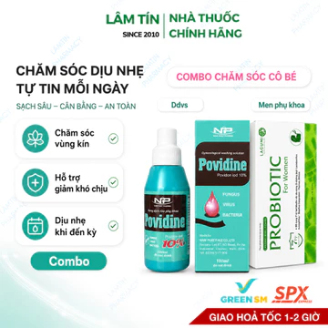 (Tặng 2 gói muối rửa pk) Combo Chăm Sóc Vùng Kín Dung Dịch Vệ Sinh Pk Povidine, Men vi sinh LAGUMI PROBIOTIC lợi khuẩn.