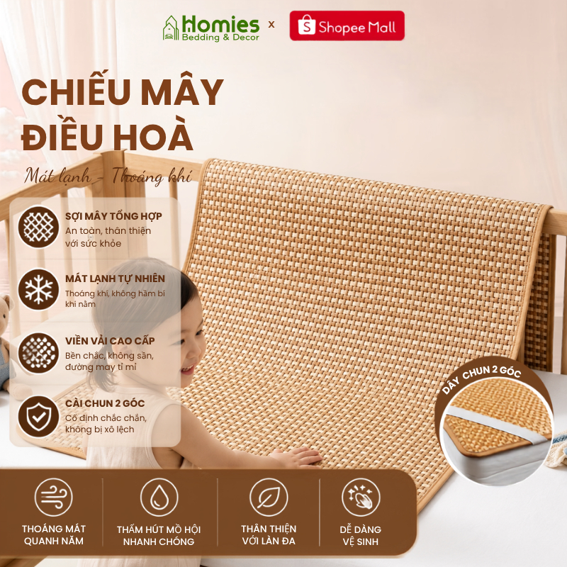 Chiếu Mây Điều Hòa Cho Bé HOMIES Bedding & Décor Chất Liệu Mây Tổng Hợp, Mặt Sau Lót Lụa Cao Cấp