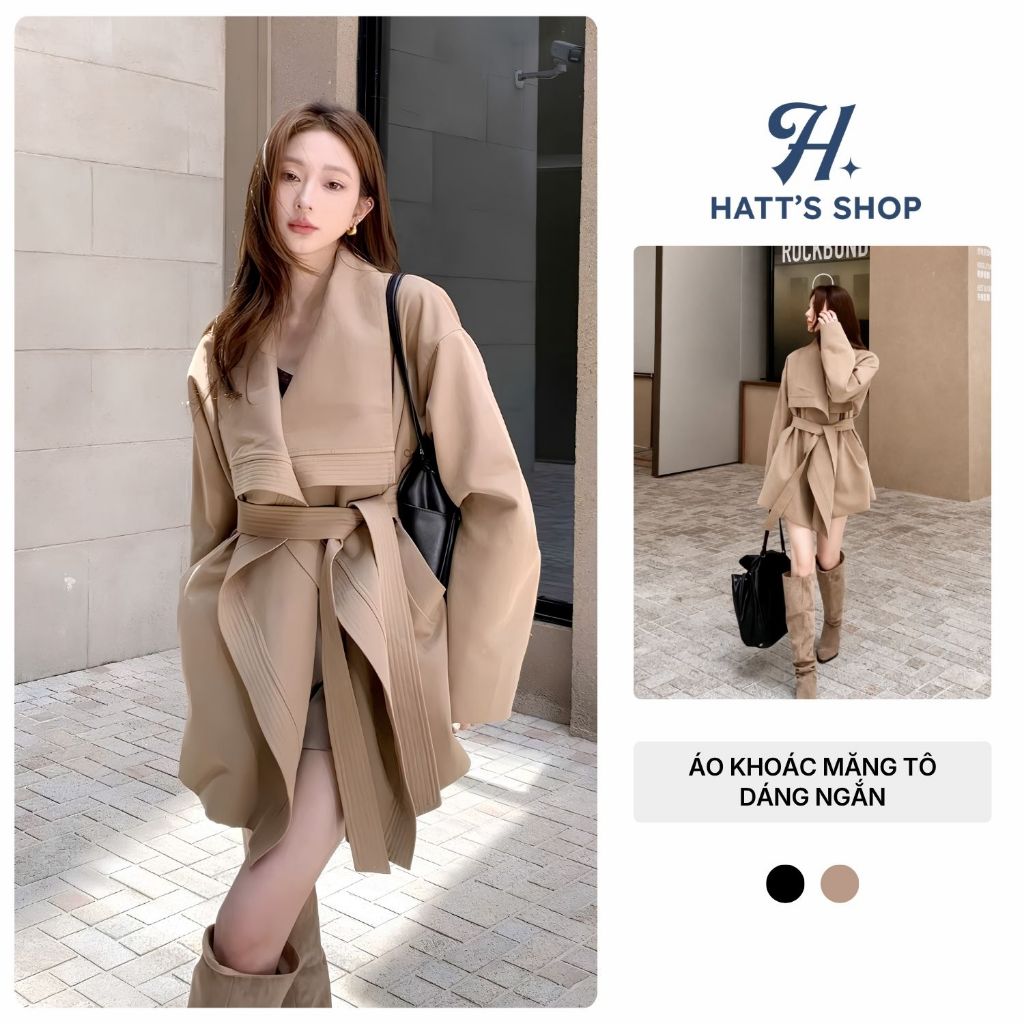Áo Khoác Măng Tô Nữ Dáng Lỡ HATTSHOP Áo Măng Tô Kaki Mềm Thu Đông Cổ Bẻ 2 Lớp Kèm Dây Đai Sang Chảnh H95