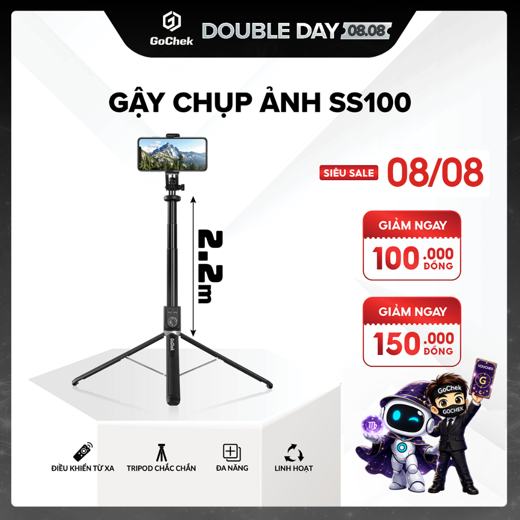 Gậy Chụp Ảnh Tripod GoChek SS100 – Bluetooth, Đa Năng, Kéo Dài 2m2