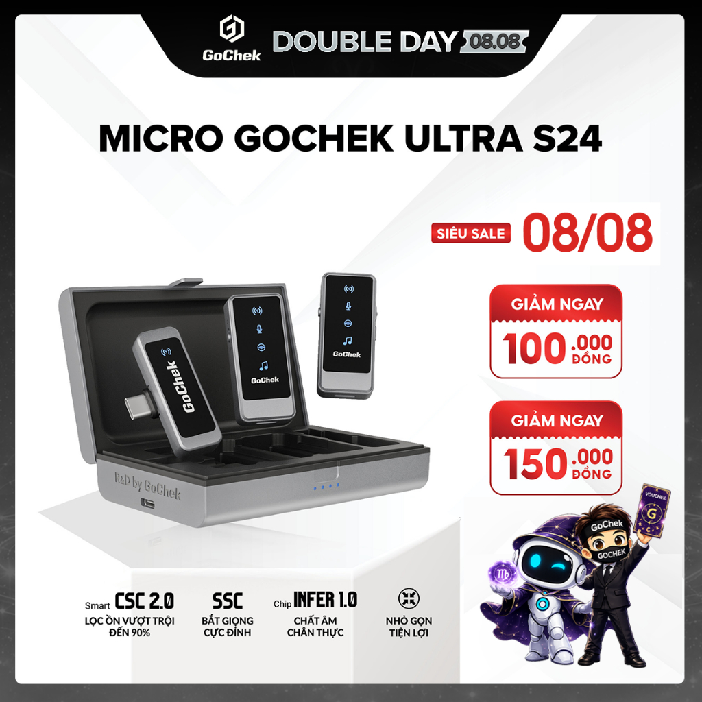 Micro Thu Âm Không Dây GoChek ULTRA S24 – 2 Chân Cắm, Hỗ Trợ Live/Quay Video/Ghi Âm