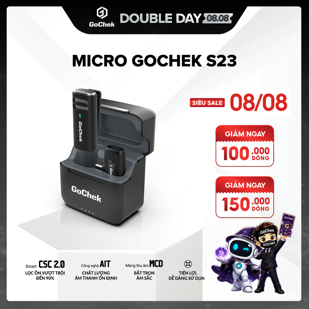 Micro Thu Âm Không Dây GoChek S23 – Kèm Dock Sạc, Lọc Tạp Âm, Dùng Cho Điện Thoại/Máy Tính