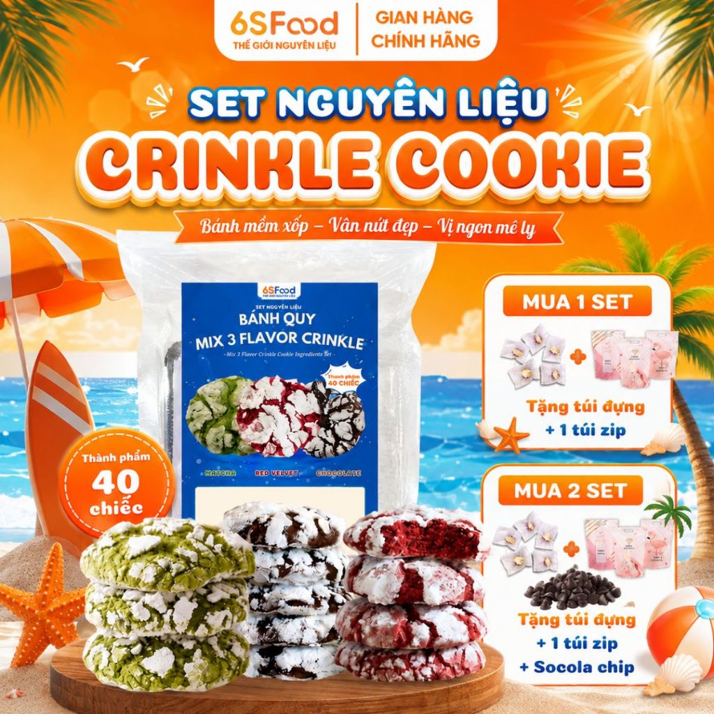 Set nguyên liệu bánh quy cookie Crinkle, cookie tặng 8/3 3 Vị Red Velvet, Cacao, Matcha – 6 SFOOD