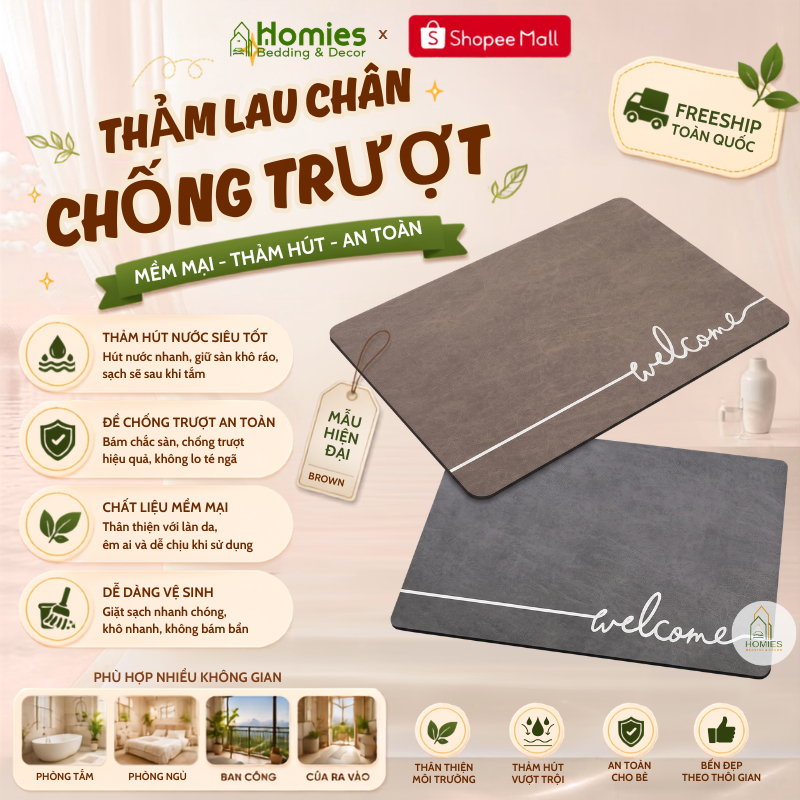 Thảm Lau Chân SILICON HOMIES Bedding & Décor, Thảm Chùi Chân Bùn Tảo Siêu Thấm Hút, Chống Trơn Trượt