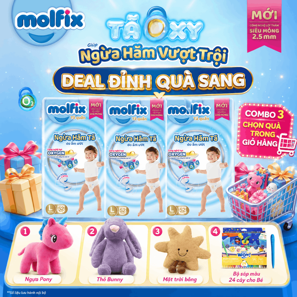 [Chọn QUÀ trong giỏ hàng] Combo 3 Tã/bỉm quần Molfix Oxy Super Jumbo giúp Ngừa Hăm Tã đủ size M,L,XL,XXL