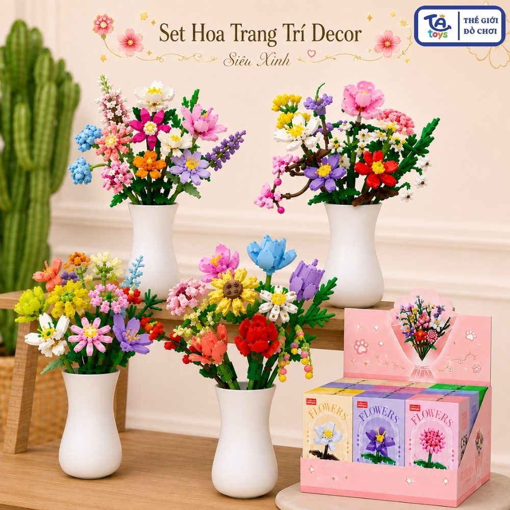 Đồ Chơi Lắp Ghép Set 12 Hoa Mẫu Đơn Hoa Cúc 200+ Chi Tiết – Mô Hình Hoa Trang Trí Mini – TATOYS