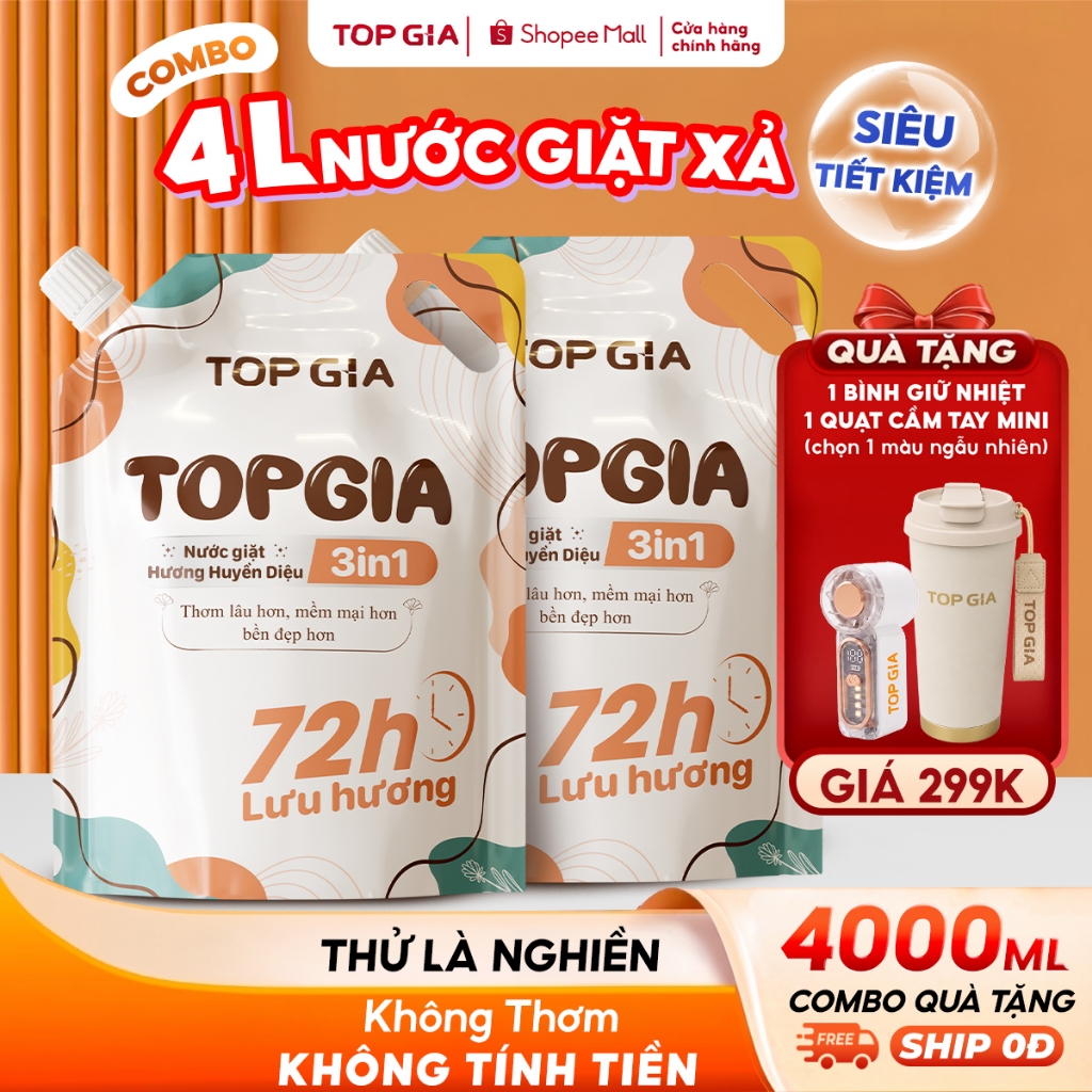 [TẶNG QUẠT VÀ BÌNH] Combo 4L,2L Nước Giặt Xả TopGia 3in1 Hương Huyền Diệu, Lưu Hương Thơm Lâu 72H
