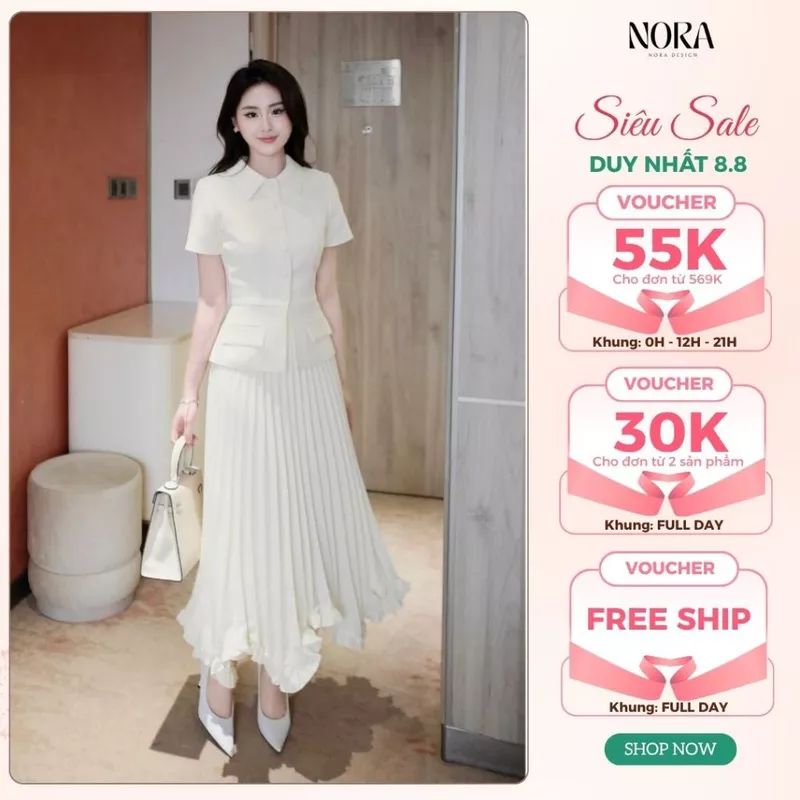 Set váy công sở chất chéo hàn lót lụa, thiết kế áo cổ sơ mi, chiết eo phối chân váy dập li quạy, kéo khoá Medechill S851 — ảnh 1