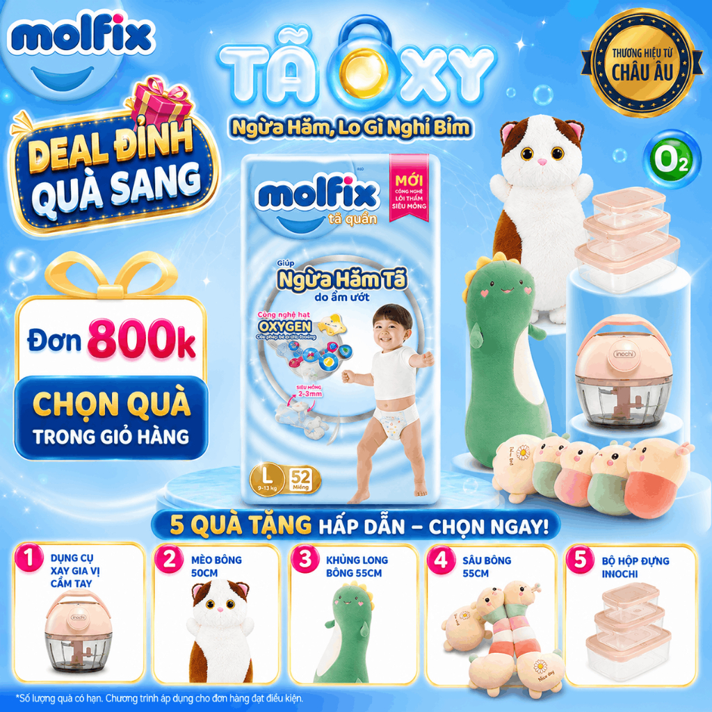 [Đơn 800K_Chọn QUÀ trong giỏ] Tã/bỉm quần Molfix Oxy Super Jumbo giúp Ngừa Hăm Tã đủ các size M,L,XL,XXL,XXXL