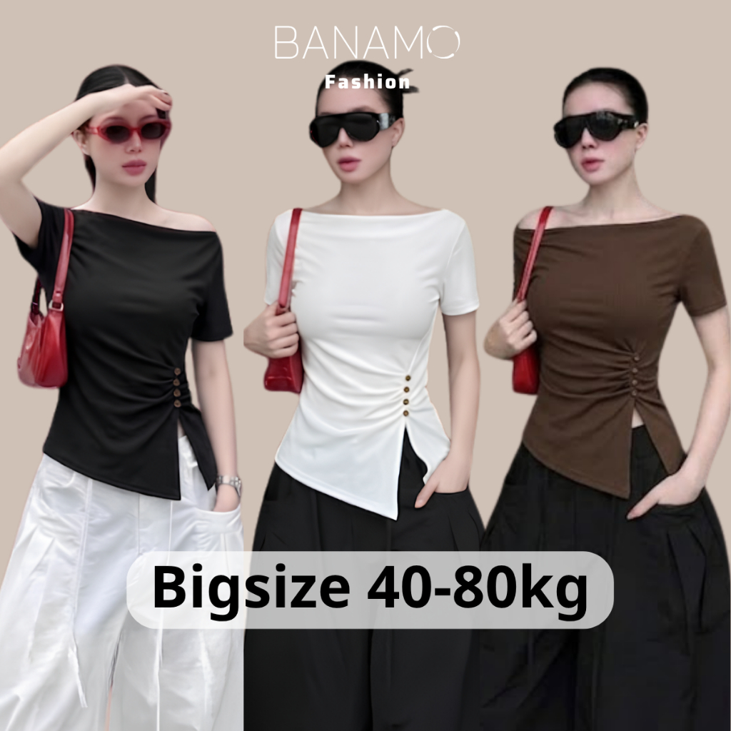 Áo thun nữ BIGSIZE Banamo Fashion áo cổ thuyền tay ngắn nhún eo đính 4 cúc vạt xẻ chất thun bozip 3160