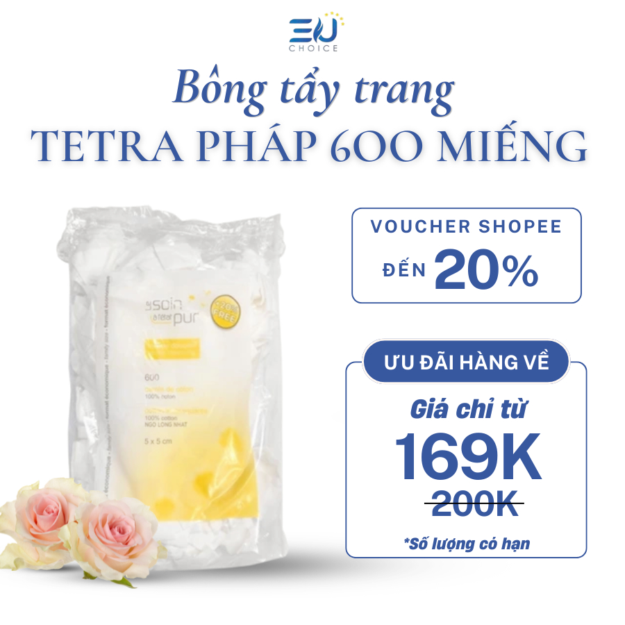 [CÓ GIẤY ỦY QUYỀN] Bông Tẩy Trang Pháp Tetra Medical Carrés de Cotton 600 miếng lành tính, bông mềm mại
