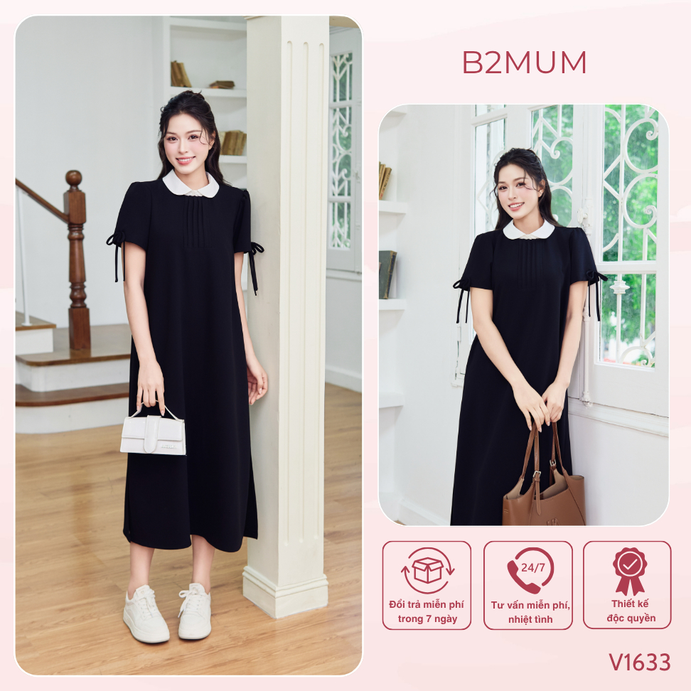 Đầm Bầu Dáng Dài Suông Cổ Rời,Tay Rút Nơ Thanh Lịch Mom Bầu & Sau Sinh Mặc Đi Làm Đi Chơi  Melly Dress - V1633 by B2MUM