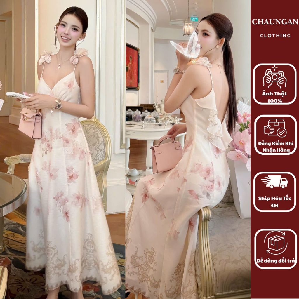Đầm Dài Hai Dây Cổ V Hở Lưng Quyến Rũ - Váy Maxi Tơ Hoa Nude Hồng Nàng Thơ Sang Chảnh