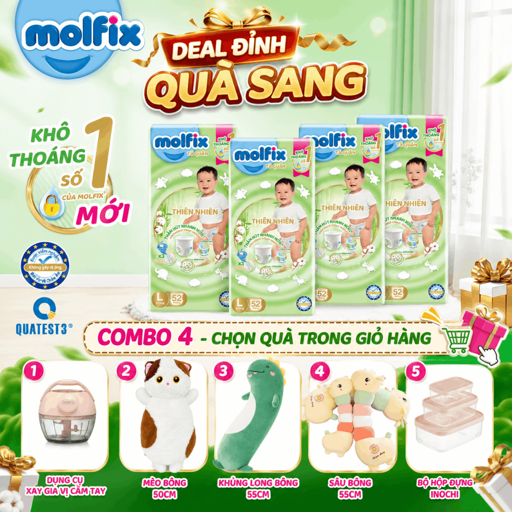[Chọn QUÀ trong giỏ hàng] Combo 4 Tã/bỉm quần Molfix Thiên nhiên Super Jumbo đủ size M56/L52/XL46/XXL42