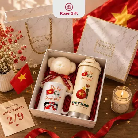 Set Quà Tặng Việt Nam Bình Giữ Nhiệt Kèm Ly Sứ Và Khăn Gấu Cao Cấp, Quà Tặng Quốc Khánh 2/9, 30/4, Quà Tặng Sự Kiện