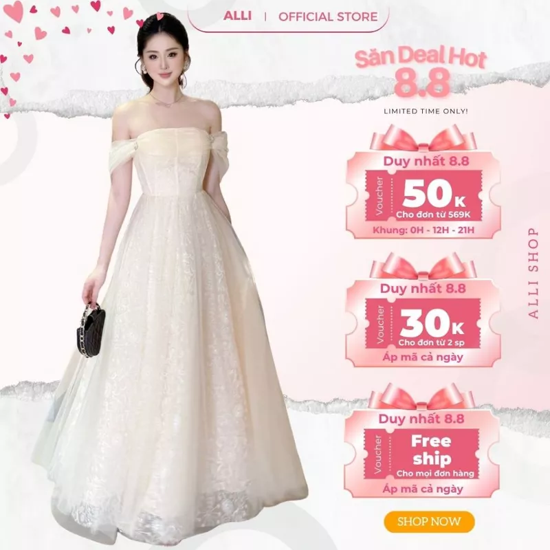 Đầm Dự Tiệc, Váy Đi Bàn Cưới Sang Trọng ALLI, Váy Dài Trễ Vai, Tùng Váy Xòe Bồng Chất Ren Phối Lưới Cao Cấp T170-SX — ảnh 1