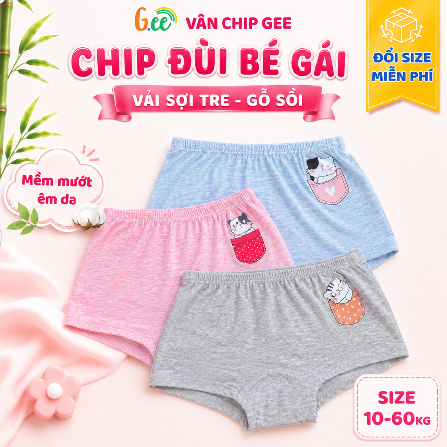 Set 3 chip đùi bé gái Gee vải sợi tre, gỗ sồi mềm mát kháng khuẩn, chun mềm mại co dãn size 10-60kg