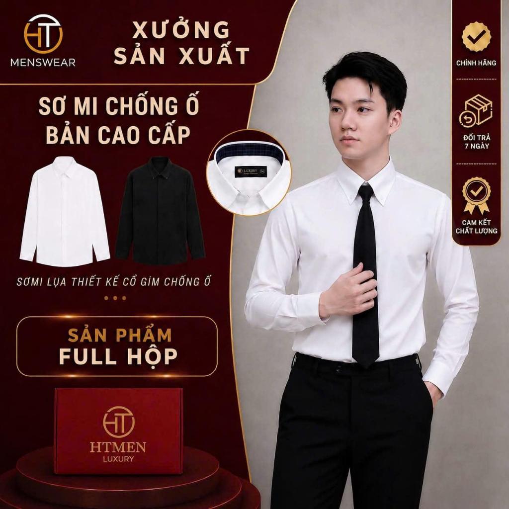 Bản cao cấp áo sơ mi cổ gim dài tay HTMEN chất liệu lụa thái hạn chế nhăn, thiết kế lót chống ố vàng ở cổ và tay áo