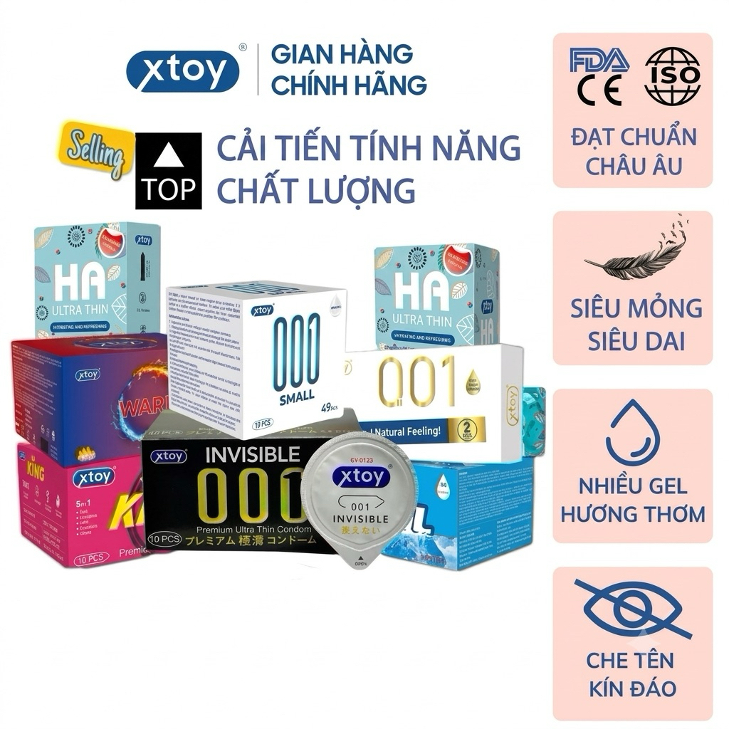 Bao cao su xtoy siêu mỏng, kéo dài thời gian, nhiều gel bôi trơn – Hộp 10 bcs