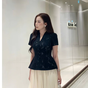 Áo ren peplum HINSTORE áo ren thiết kế dáng ôm cách điệu cúc bọc 485