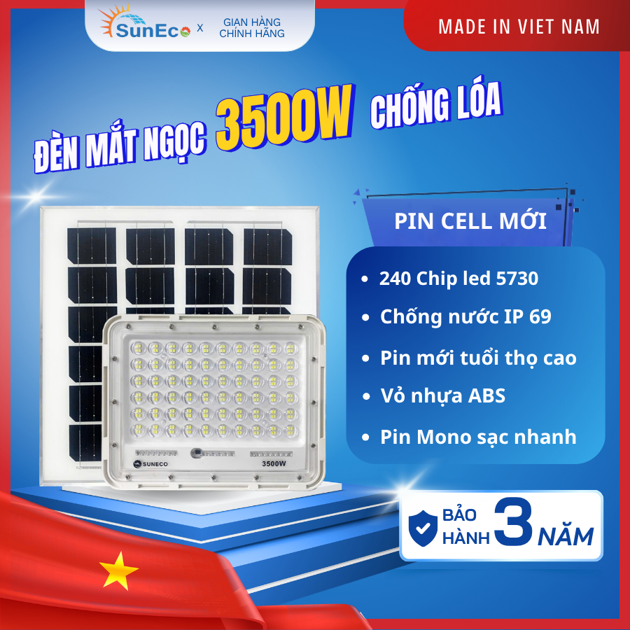 Đèn pha Chống chói năng lượng mặt trời SUNECO - 240 Chip Led 5730, Vỏ nhựa ABS, Chống nước IP69, Bảo hành 3 năm