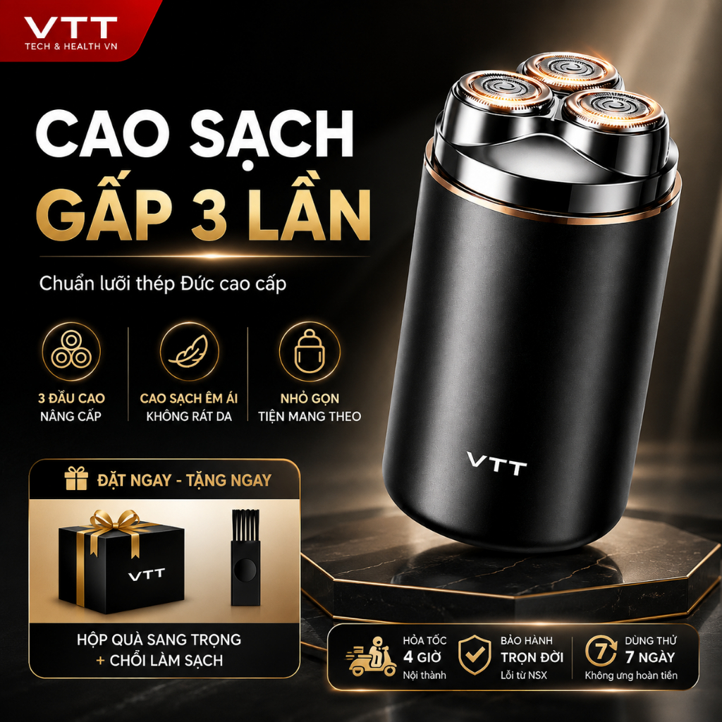 Máy Cạo Râu Điện VTT Bản Cao Cấp 3 Lưỡi Kép Thông Minh - Chống Nước Toàn Thân IPX7, Pin Trâu Tự Động Mài Lưỡi GT9-3D
