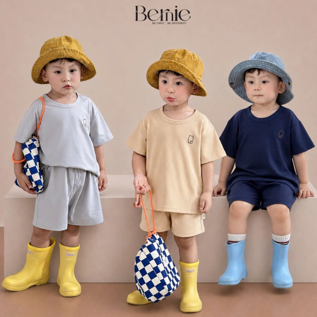 Set đồ bộ tay ngắn chất thun tăm cho bé trai bé gái họa tiết Gấu nhỏ 9kg đến 25kg BERNIE SIRI H20804