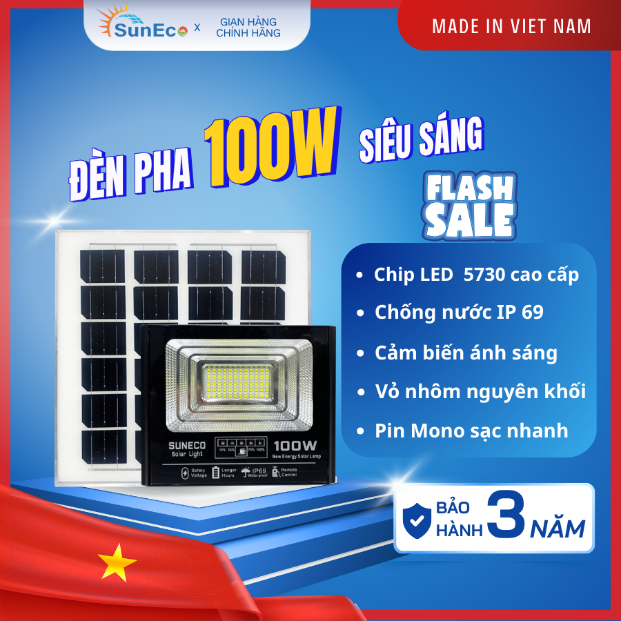 Đèn pha năng lượng mặt trời 100W SUNECO - Vỏ nhôm đúc, Chip LED 5730 Chống nước IP 69 Pin 12000mAH Hàng chính hãng