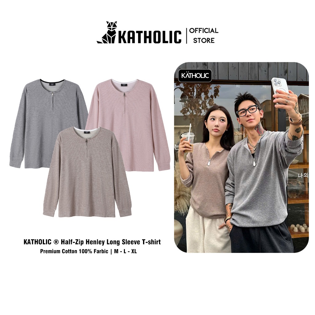 [ THU ĐÔNG 2026 ] Áo Thun Dài Tay Half-Zip Henley Nam Nữ KATHOLIC Chất Liệu Nỉ Tăm Co Giãn Form Rộng Oversize KAT044