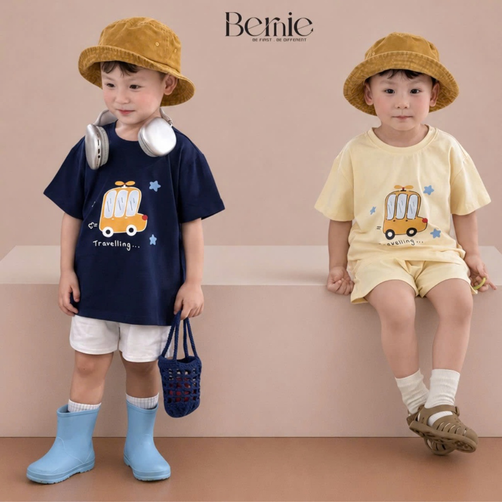 Set bộ cộc tay bé trai áo thun họa tiết xe Travelling kèm quần short 9 đến 25kg BERNIE SIRI B260415