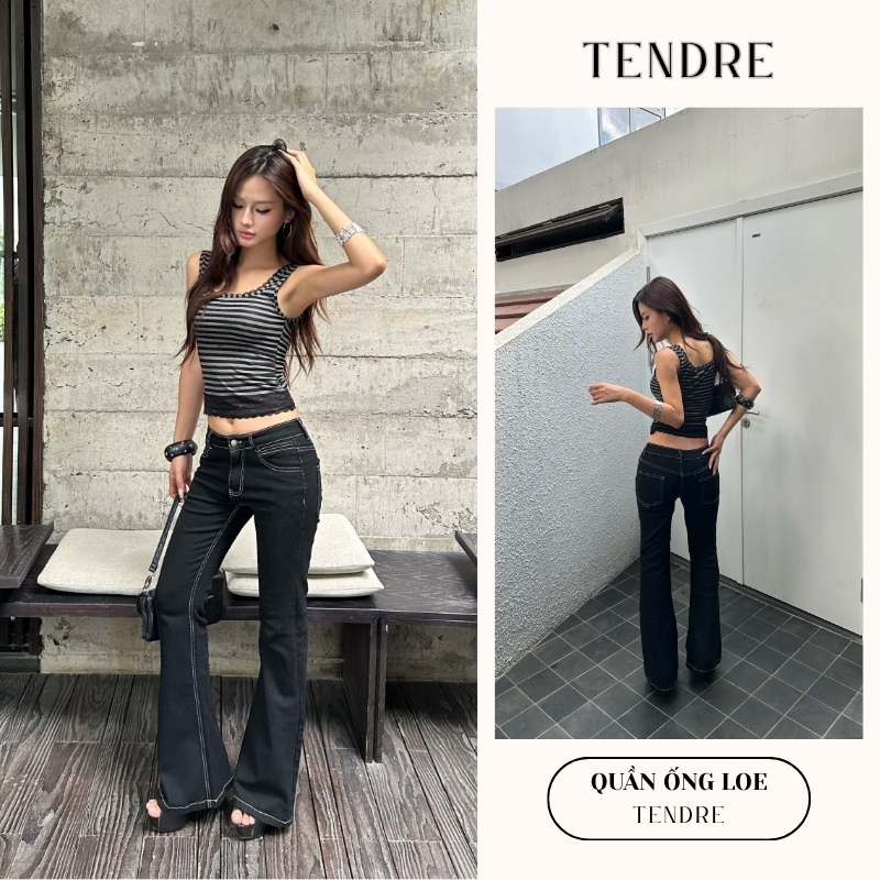 TENDRE - Quần Jean Ống Loe Nữ Cạp Thấp Đen Chỉ Nổi Tôn Dáng, Quần Denim Co Giãn Hack Chân Phong Cách Y2K J03