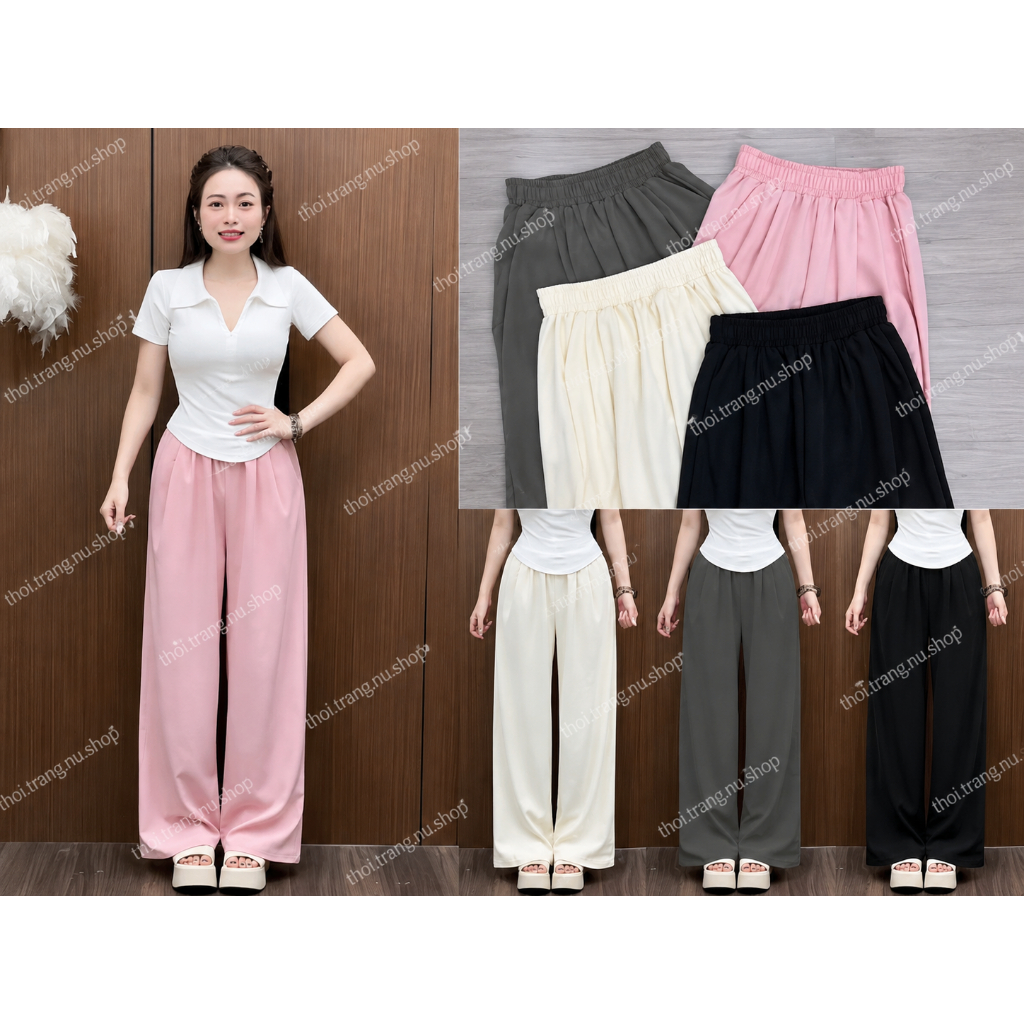 Quần Đũi Nữ Suông Ống Rộng Lưng Chun Vải Đũi Vân Mây Mặc Mát Nhẹ Thoáng Có Túi Dài 85-93cm Size XS-3XL
