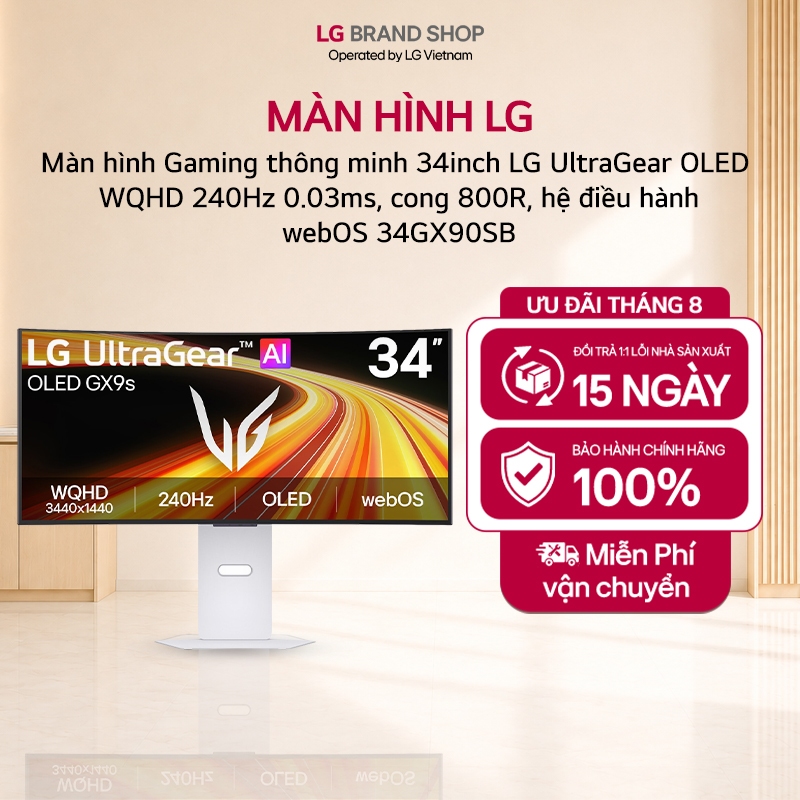[Nam/Bắc] Màn hình Gaming thông minh 34inch LG UltraGear OLED WQHD 240Hz 0.03ms, cong 800R, hệ điều hành webOS 34GX90SB