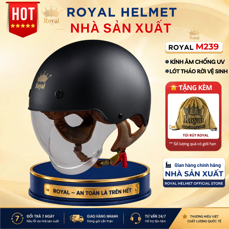 Mũ Bảo Hiểm Nửa Đầu Royal M239 Chính Hãng Kính Âm Chống UV Lót Tháo Giặt Được Nam Nữ Đi Xe Máy