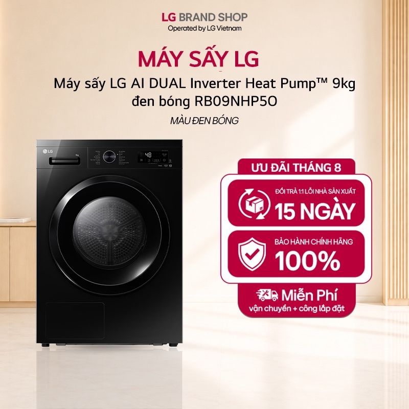 [Chỉ giao miền Nam/Bắc] Máy sấy LG AI DUAL Inverter Heat Pump™ 9kg đen bóng RB09NHP5O