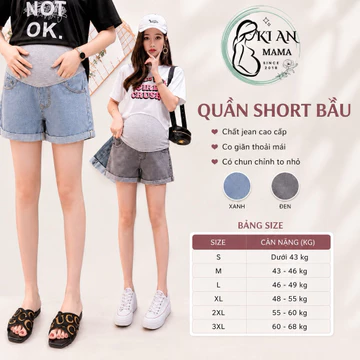 Quần sooc bầu Ki An QB00083☘️quần bầu chất jean đẹp☘co giãn mặc bầu thỏa mái☘️quần đùi bầu có chun chỉnh☘️size s~ 2xl