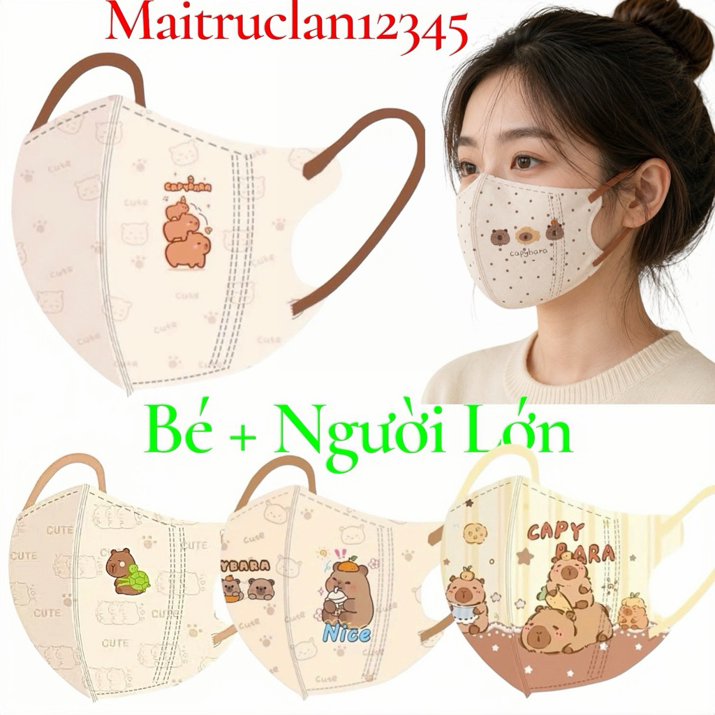 Capybara(4 Size 0-8 tuổi 6-30kg và Người lớn)Combo Túi 10 cái và 50 Cái Khẩu Trang Capybara Dành cho bé Trai ,gái