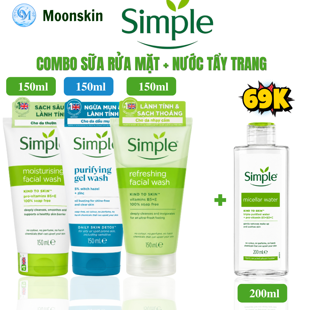 Combo Sữa Rửa Mặt Simple 150ml Và Nước Tẩy Trang Simple 200ml