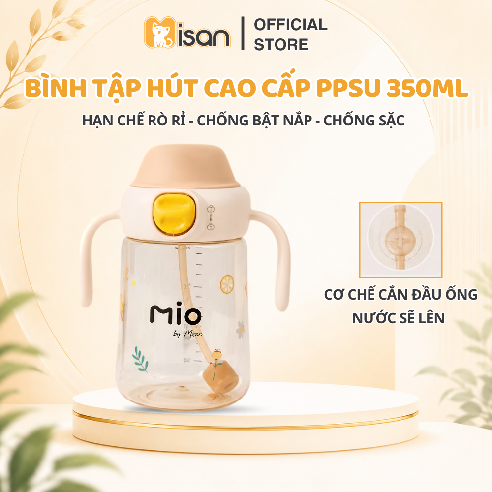Bình uống nước PPSU MIO by Misan 350ml cho bé có tay cầm, bình tập hút chống rò rỉ, van chống sặc, ống hút silicon