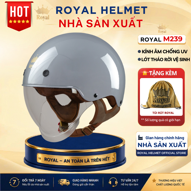 Mũ Bảo Hiểm Royal Helmet Chính Hãng Nửa Đầu M239 Kính Âm Chống Tia UV Hợp Nam Nữ, Tháo Lót Tiện Lợi