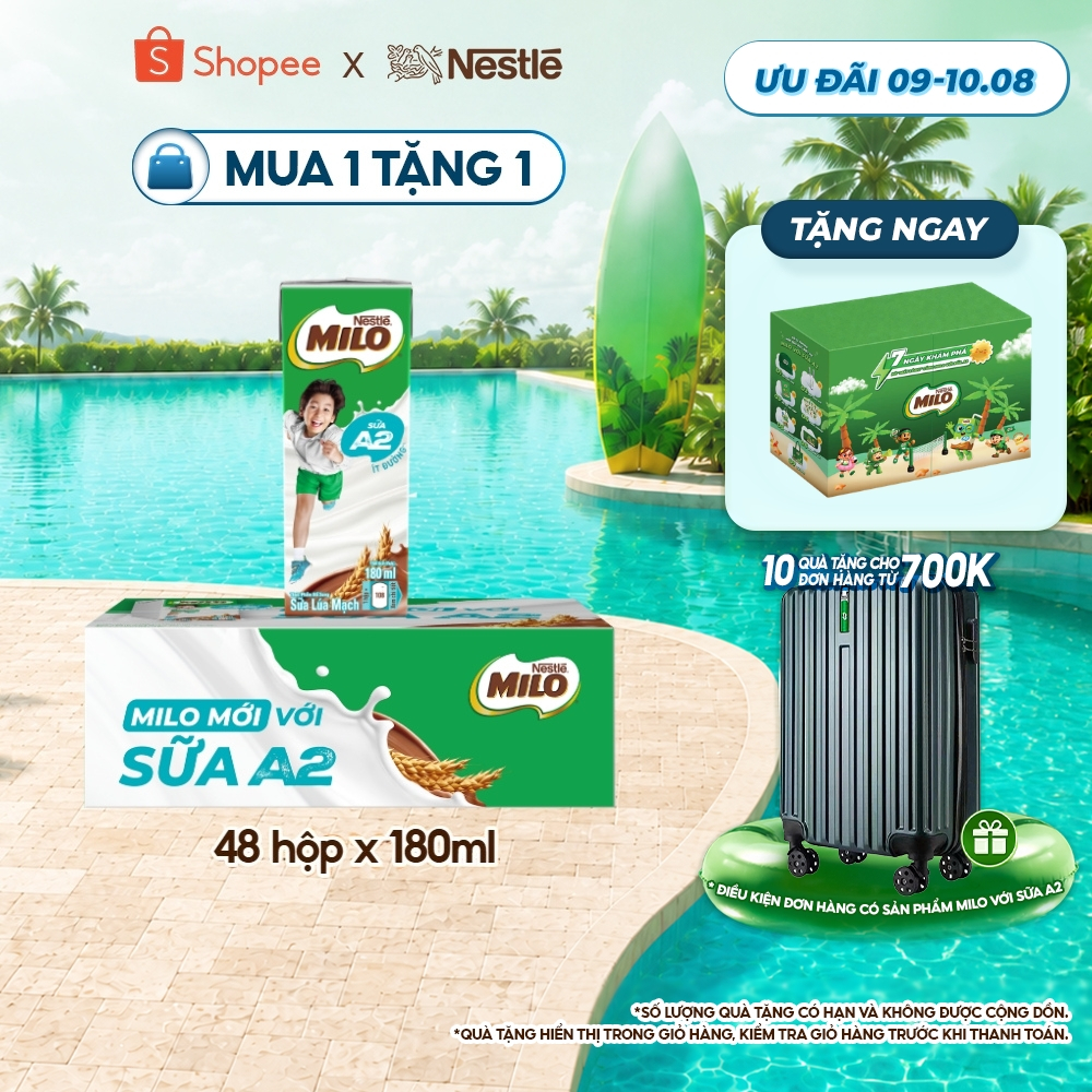 [Live] Sữa Lúa Mạch Nestle MILO với sữa A2 MỚI thùng 12 x 180ml (12x4x180ml)