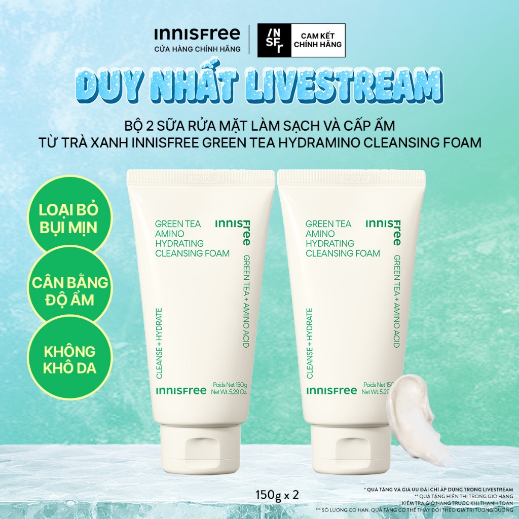 INNISFREE x Bộ 2 Sữa rửa mặt làm sạch và cấp ẩm từ trà xanh Innisfree Green Tea Hydramino Cleansing Foam 150G